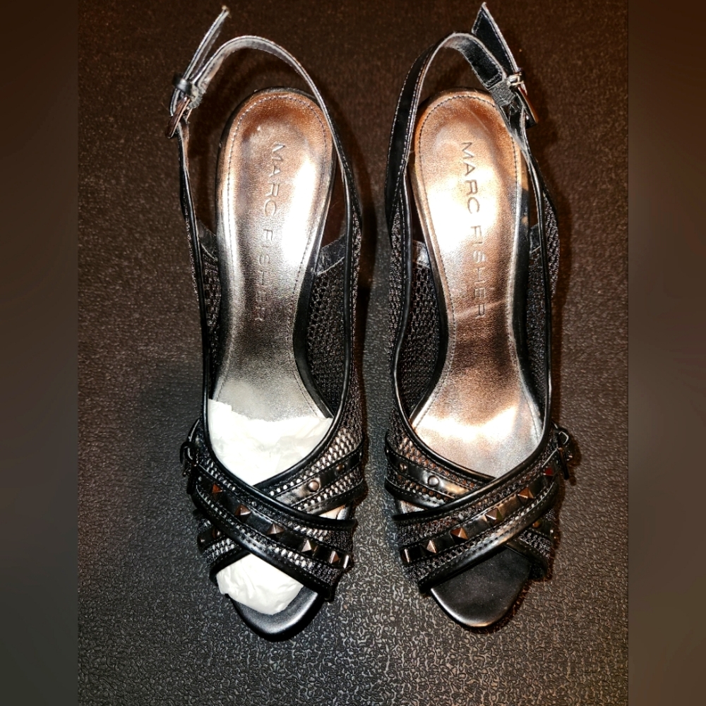 MARC FISHER |STUDDED BLACK BUCKLE FISHNET HEELS |8.5